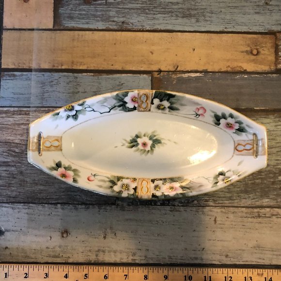 Japanese Cherry Blossom Vanity Tray Hand Painted  Raised Gold Trim Vtg - Picture 1 of 11